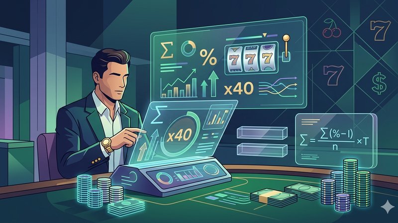 Иллюстрация с графиками и золотыми фишками для анализа математики отыгрыша бонусов в слотах